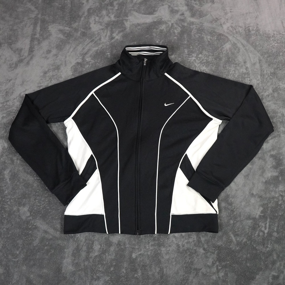 VTG Nike Track‎ Jacket Womens 12-14 Large Black Dri-Fit Windbreaker Y2K Swoosh